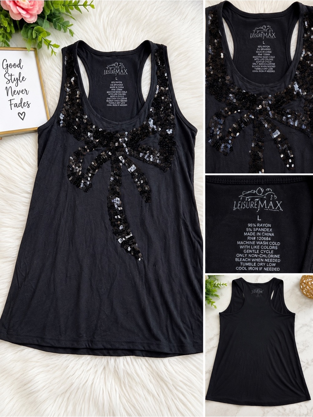 Women's Black Sequin Bow Tank Top